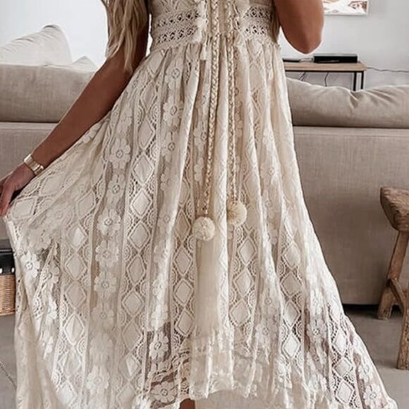 NWT $48 Cupshe Boho Lace Bohemian Flowy White Lace Midi Festival Dress Size Sm - Picture 4 of 15
